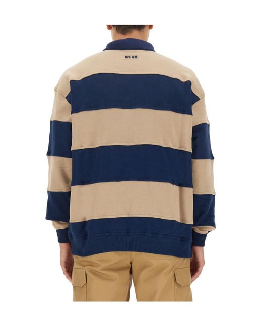 MSGM Blue Logo-Patch Striped Long Sleeved Polo Sweatshirt for men