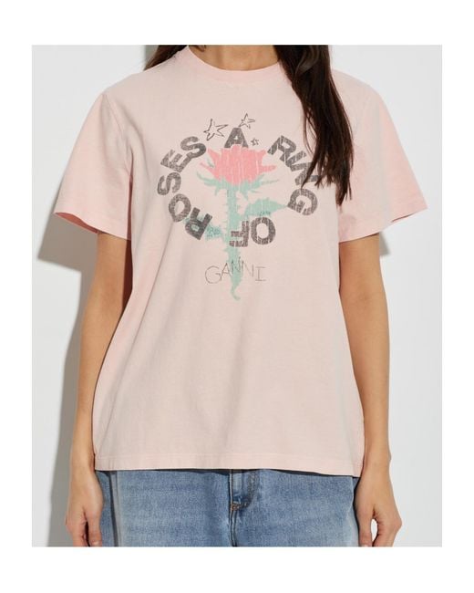 Ganni Pink Floral Printed Crewneck T-Shirt
