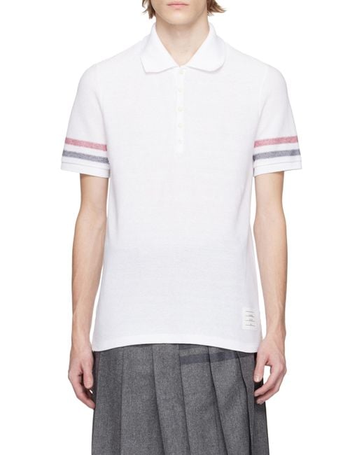 Thom Browne White Logo Patch Striped Polo Shirt for men