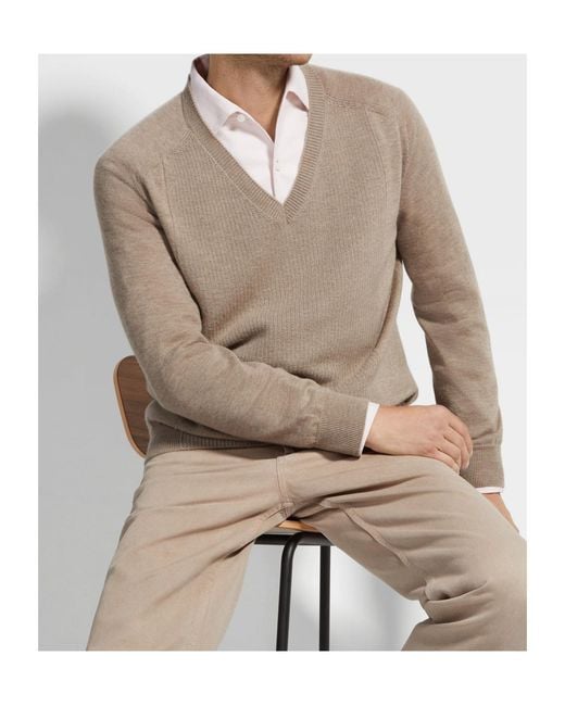 Zegna Brown Oasi V-Neck Ribbed Cashmere Sweater for men