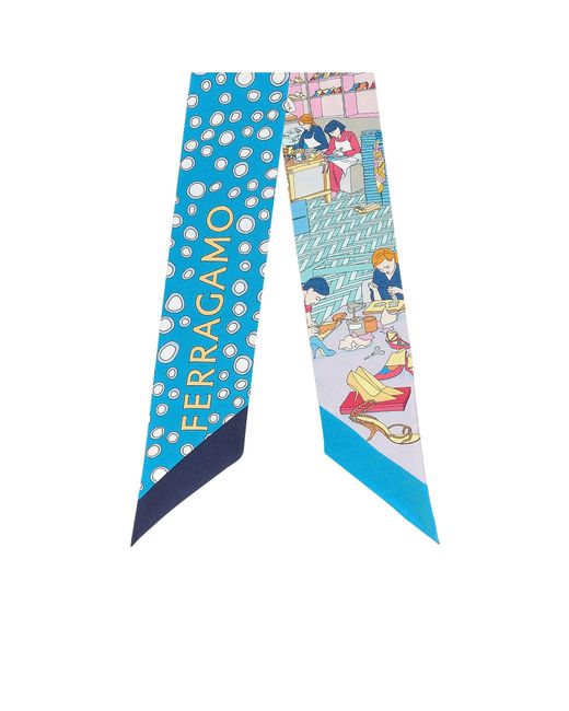 Ferragamo Blue Ferragamo Pattern-Printed Pointed Tip Bandeau Scarf