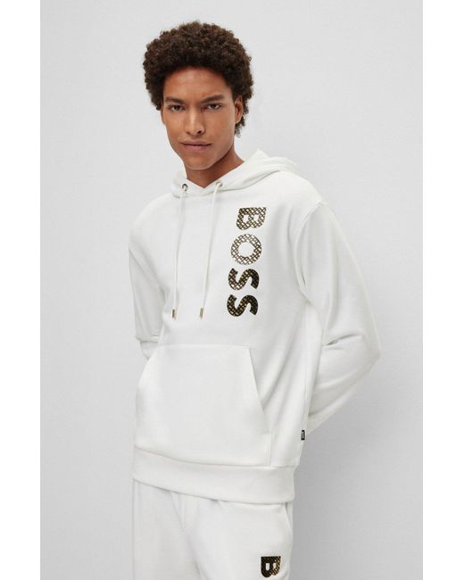Boss White Logo-Print Cotton Hoodie for men