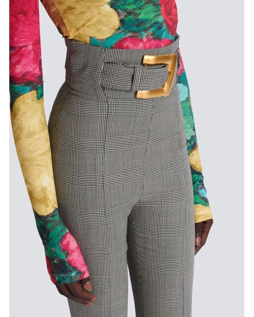 Balmain Gray Checked Belted High-Waist Pants