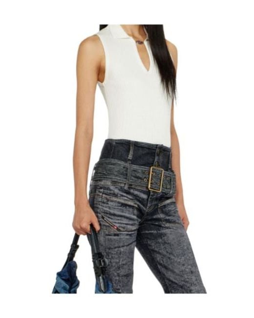 DIESEL White Sleeveless Rib-Knit Polo Top