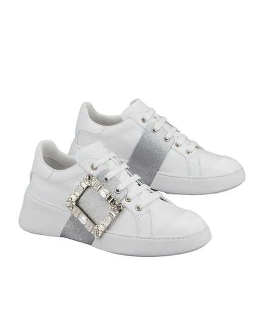 Roger Vivier White Viv' Skate Glitter Embellished Buckle Sneakers