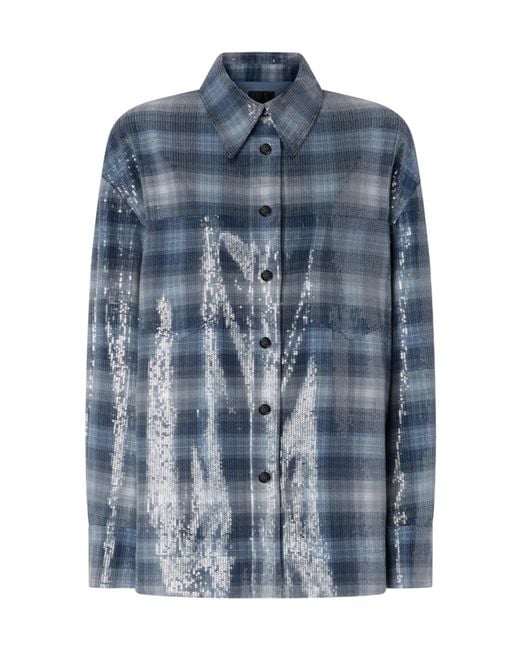 Pinko Blue Overshirt With Check Pattern And Sequins