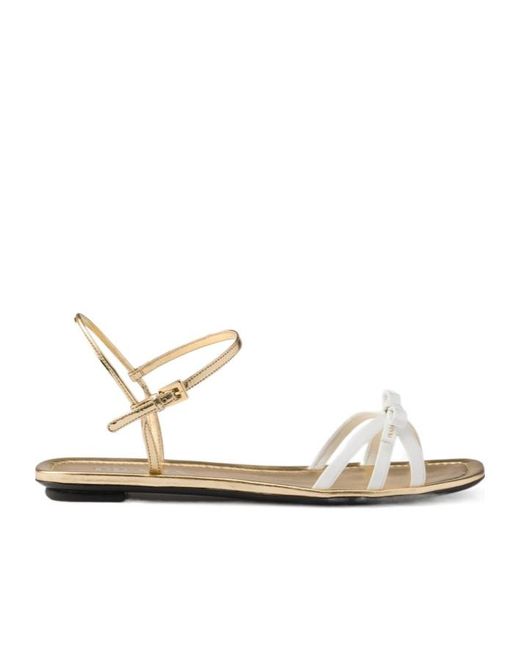 Prada White Flat Patent And Metallic Leather Sandals