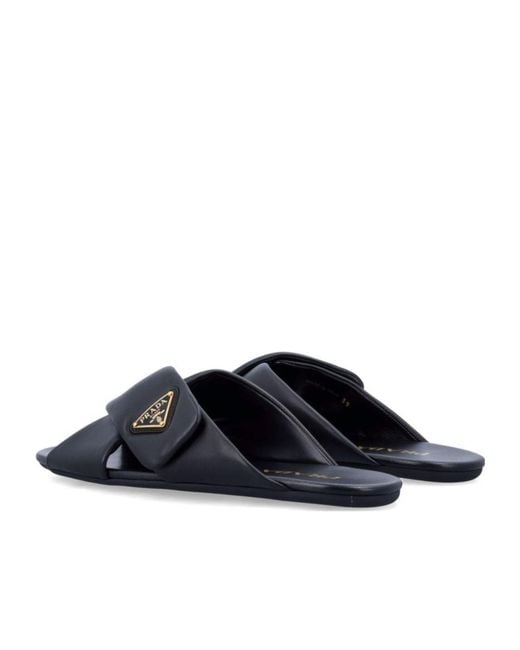 Prada Blue Triangle-Logo Padded Slides