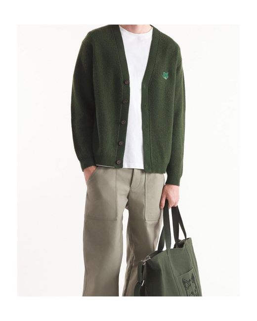 Maison Kitsuné Green Maison Kitsuné Bold Fox Head Patch Knitted Cardigan for men