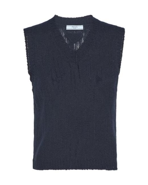 Prada V-Neck Knitted Vest in Blue | Lyst UK