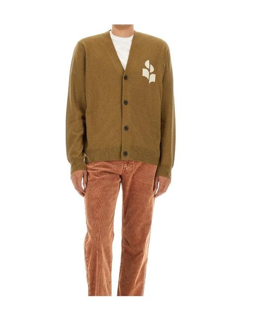 Isabel Marant Green Logo Intarsia-Knit V-Neck Cardigan for men