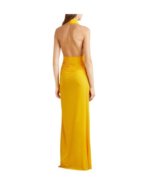 Alex Perry Yellow Halterneck Ruched Jersey Gown