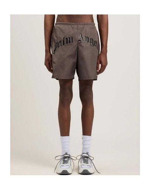 Palm Angels Gray Curved Logo Swimshorts for men