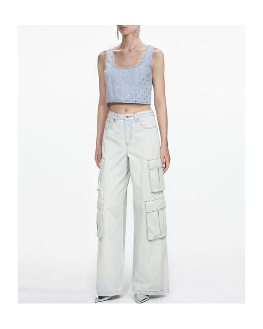 Self-Portrait Blue Rhinestone-Embellished Denim Top