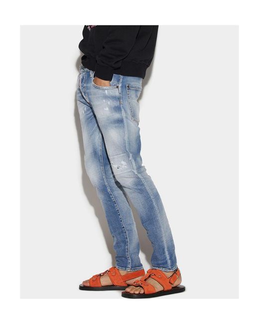 DSquared² Blue Logo Patch Distressed Slim-Fit Jeans for men
