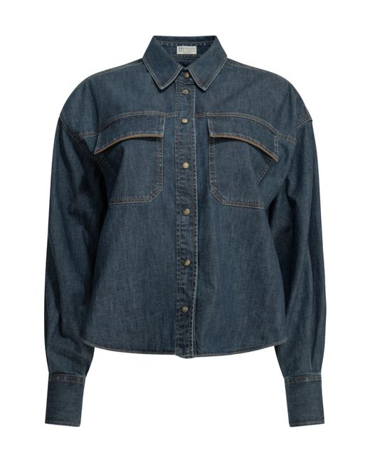 Brunello Cucinelli Blue Contrast-Stitching Denim Shirt
