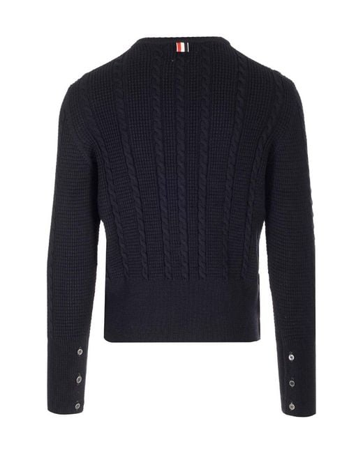 Thom Browne Blue Rwb-Striped Cable-Knitted Crewneck Jumper for men