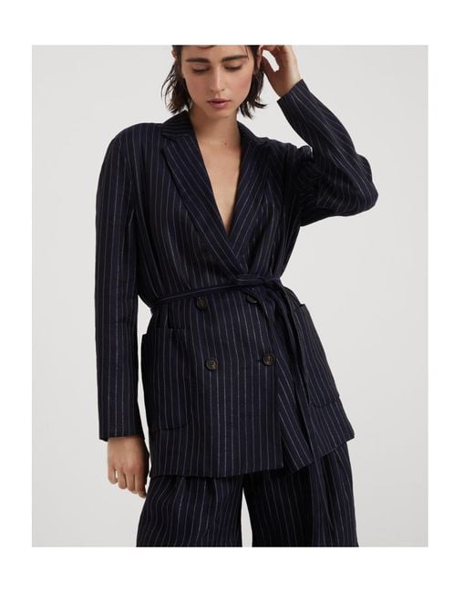 Brunello Cucinelli Blue Sparkling Stripe Cotton Gauze Jacket With Belt And Necklace