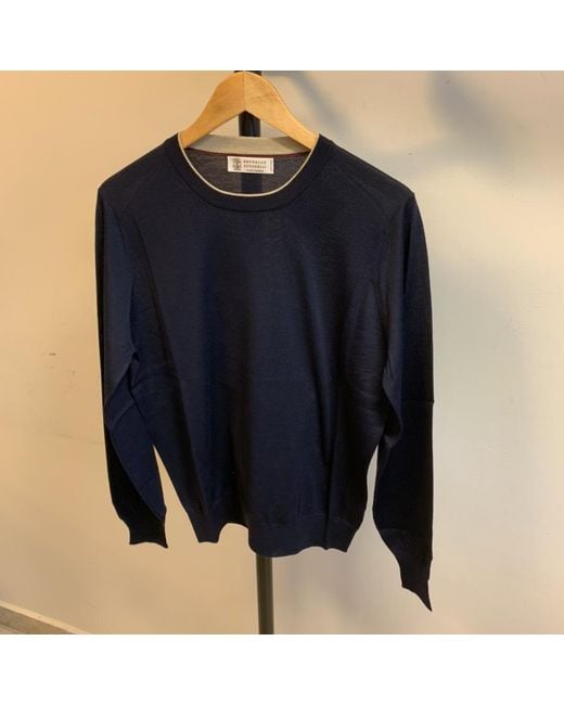 Brunello Cucinelli Blue V-Neck Knitted Jumper for men