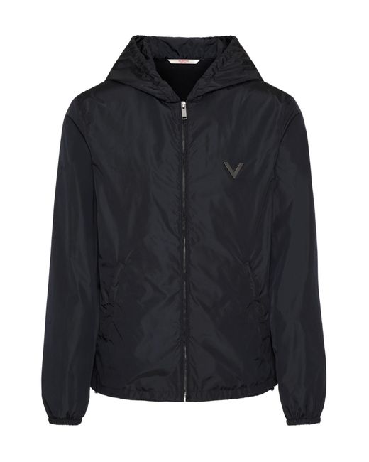 Valentino Black Logo Plaque Zip-Up Hooded Jacket for men