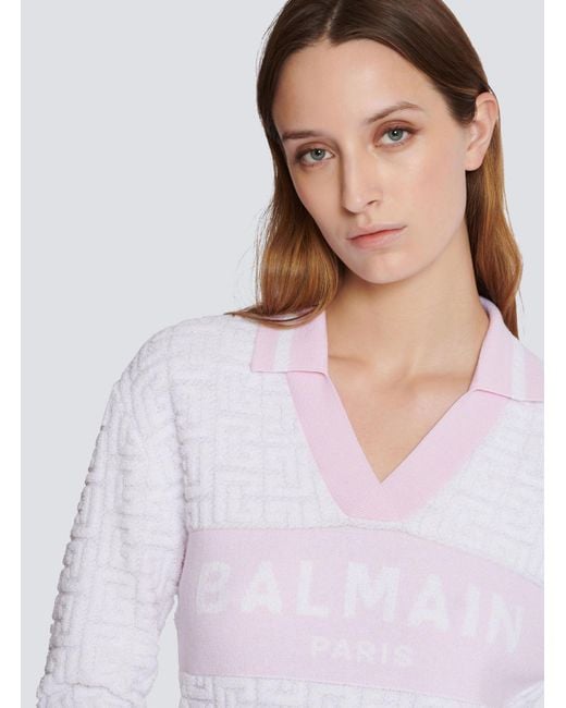 Balmain White Pb Monogram Jacquard Knit Polo Shirt