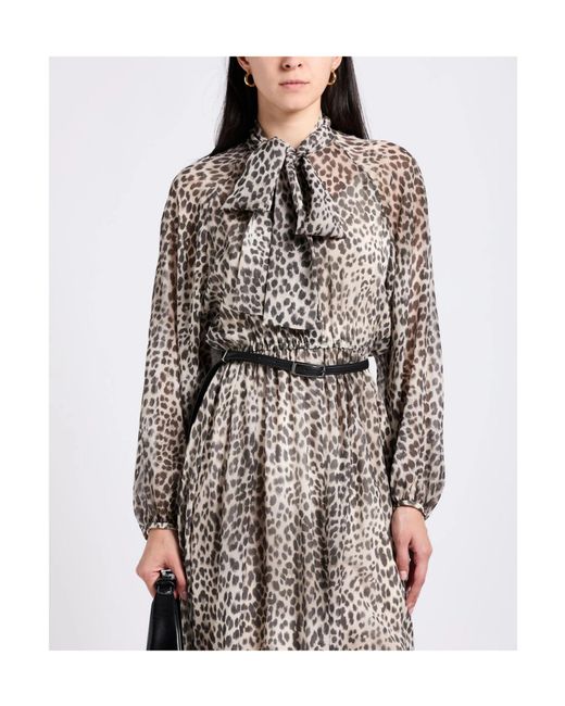 Max Mara Gray Long Sleeve Leopard Print Dress