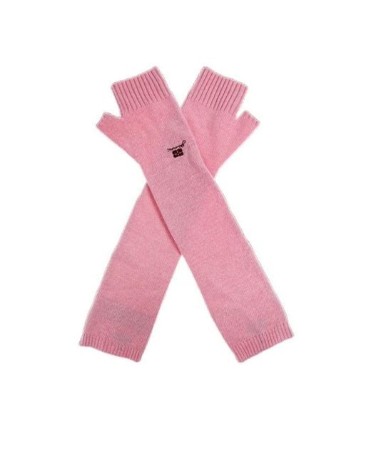 Ganni Pink Logo Long Fingerless Gloves