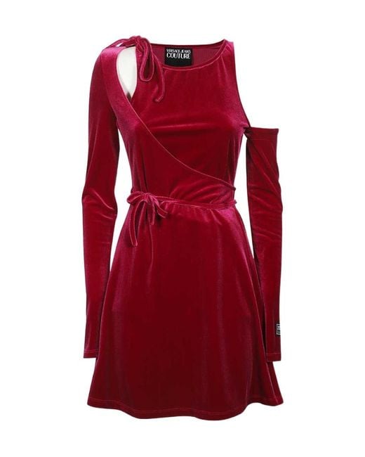 Versace Jeans Red Couture Cut-Out Long-Sleeved Velvet Dress