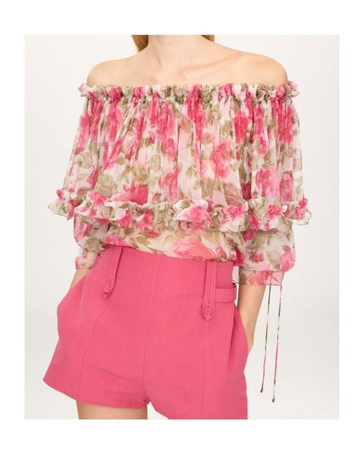 Chloé Pink Chloé Ruffled Floral Off-Shoulder Top