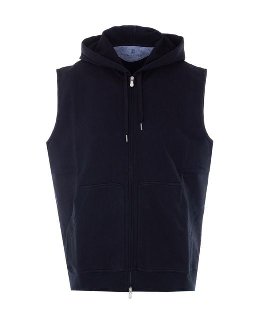 Brunello Cucinelli Blue Zip-Up Sleeveless Drawstring Hoodie for men
