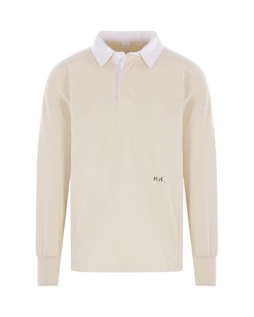 Maison Margiela White Logo Embroidered Long-Sleeved Polo Shirt for men