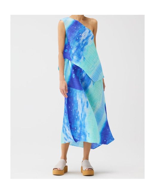 Pleats Please Issey Miyake Blue Pleated One-Shoulder Top