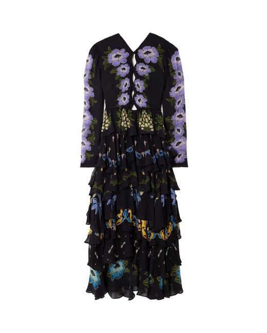 Farm Rio Black Floral-Print Ruffled Dress