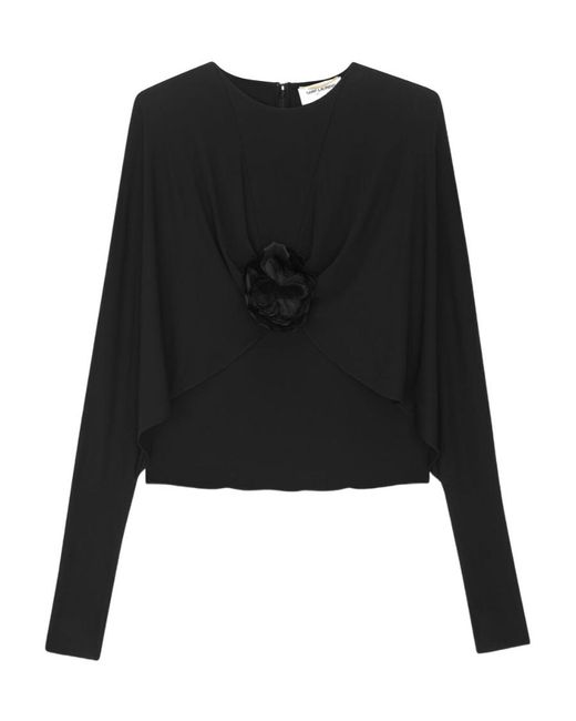 Saint Laurent Black Flower Detailed Long-Sleeved Top