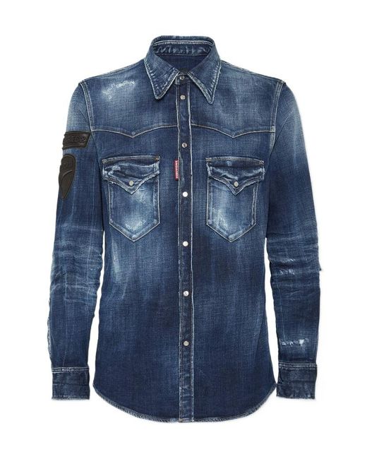 DSquared² Blue X Ducati Denim Fashion Distressed Western Shirt for men