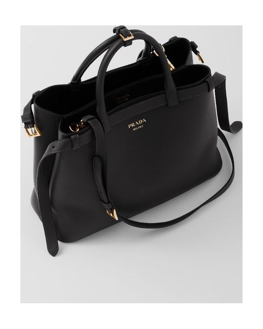 Prada Black Buckle Medium Leather Handbag With Double Belt