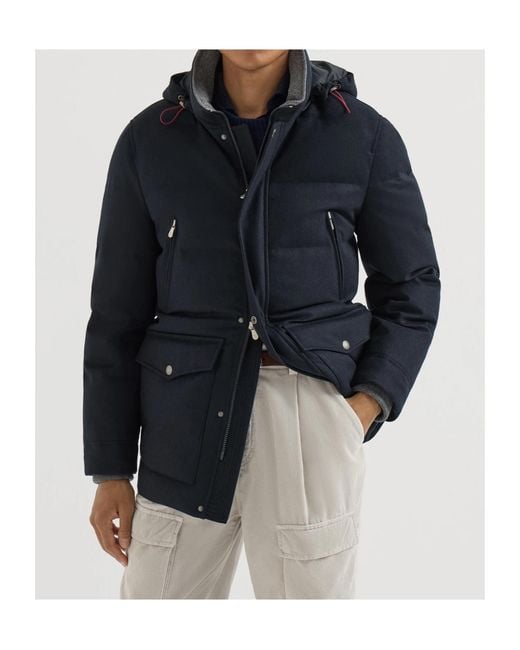 Brunello Cucinelli Blue Quilted Hooded Jacket for men