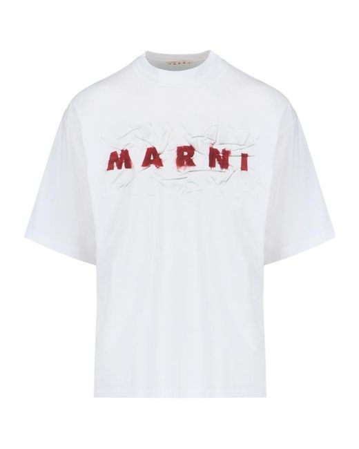 Marni White Logo Printed Crewneck T-Shirt for men