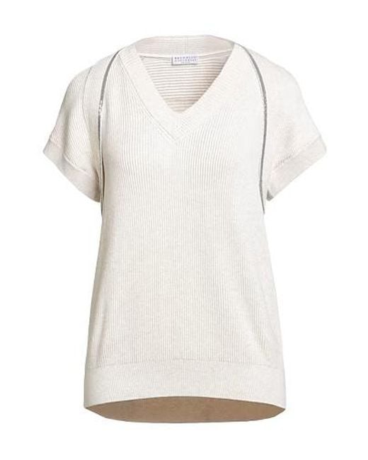 Brunello Cucinelli White Mid-Length V-Neck Short Sleeve Knit Top