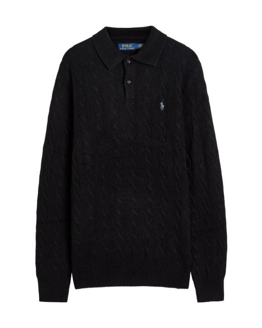Polo Ralph Lauren Black Wool And Cashmere Blend Cable Knit Polo Shirt for men
