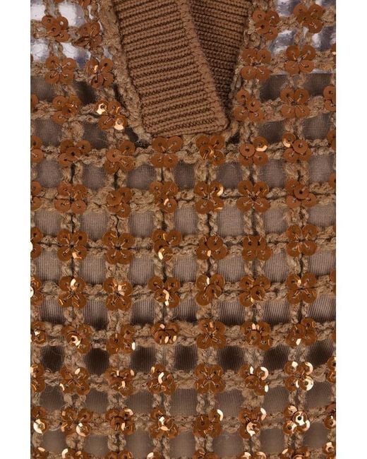 Brunello Cucinelli Brown Sequinned V-Neck Jumper