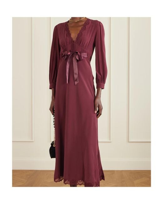 Rixo Purple Adaline Bow-Detailed Lace-Trimmed Silk Maxi Dress