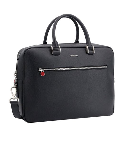 Kiton Black Logo Plaque Zipped Laptop Bag for men
