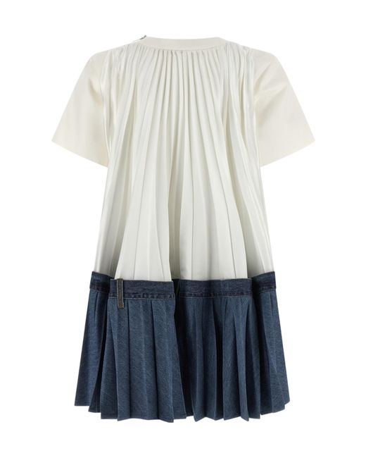 Sacai Blue Pleated-Back Crewneck Denim Dress
