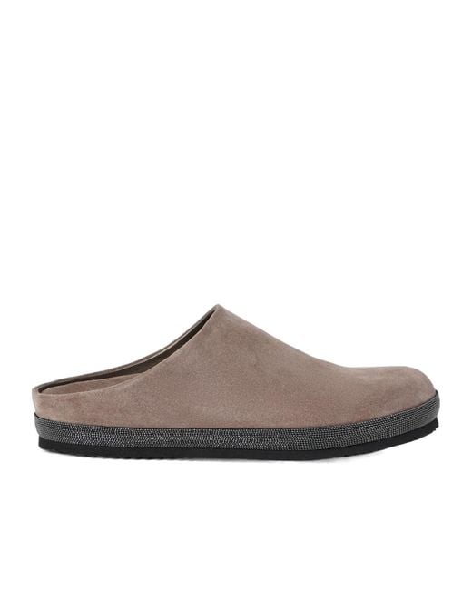 Brunello Cucinelli Brown Monili Chain-Detail Flat Mules