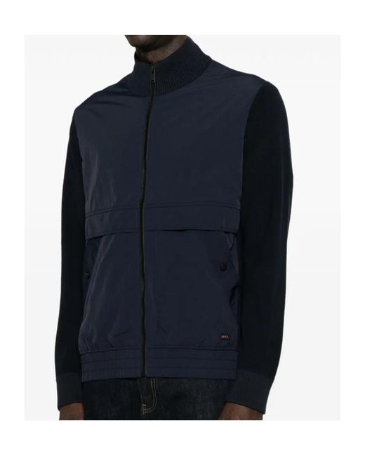 Boss Blue Knitted-Panel Zip-Up Jacket for men