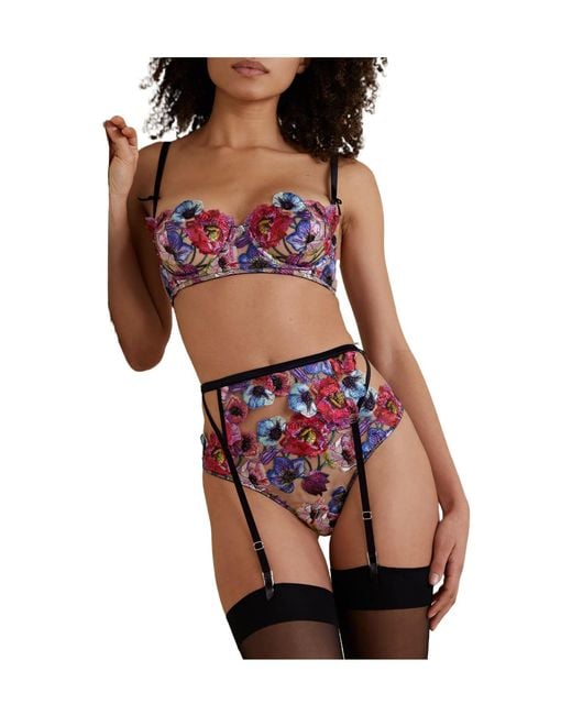 Fleur du Mal Blue Tuileries Satin-Trimmed Embroidered Tulle Suspender Belt