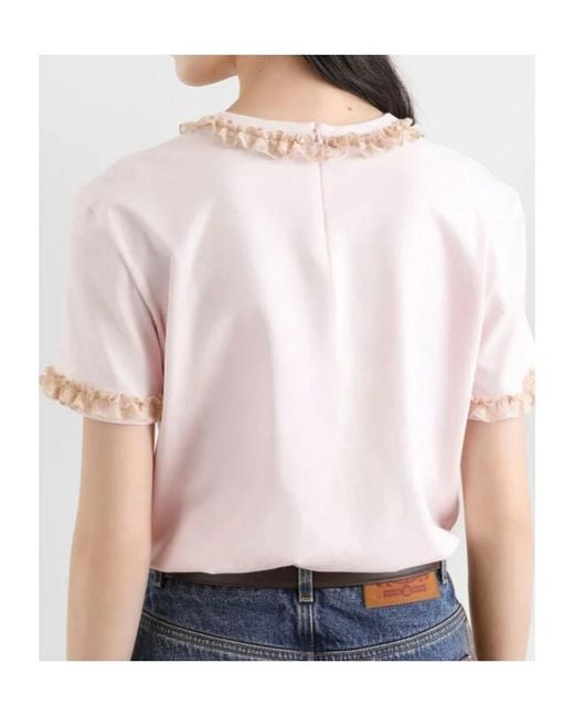 Dolce & Gabbana Pink Logo-Embroidered Ruffled T-Shirt