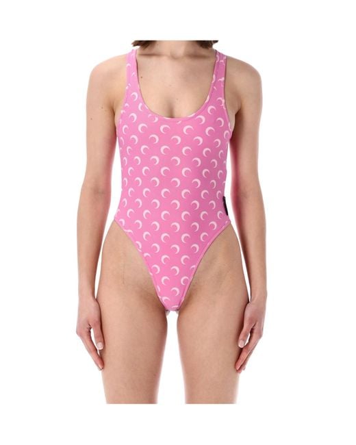 MARINE SERRE Pink Moon Print One-Piece Swimsuit