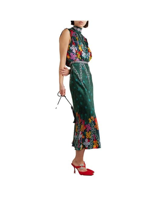 Saloni Green Floral-Print Silk Dress